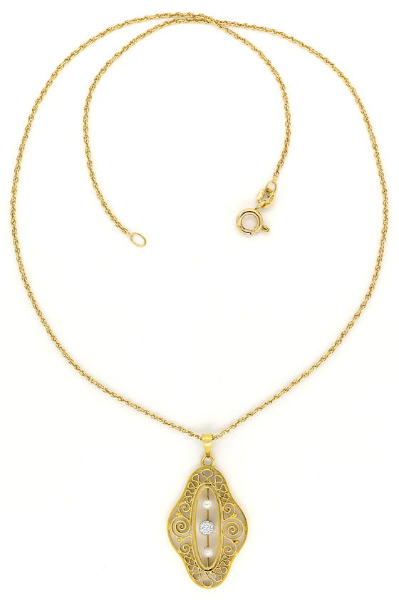 Foto 3 - Anhänger antik Gold-Platin Perlen und Diamant mit Kette, S9581